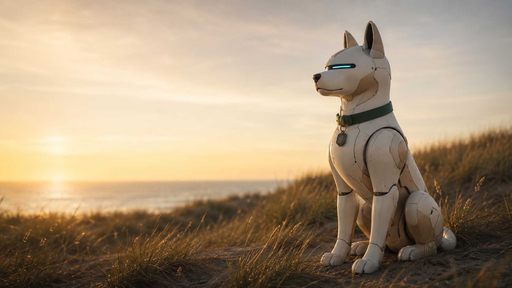 GuardPuppy — a robotic guard dog keeping watch on a coastal dune at sunset